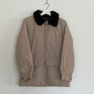 Vintage Eddie Bauer Quilted Goose Down Parka Small S Jacket Fur Collar Beige